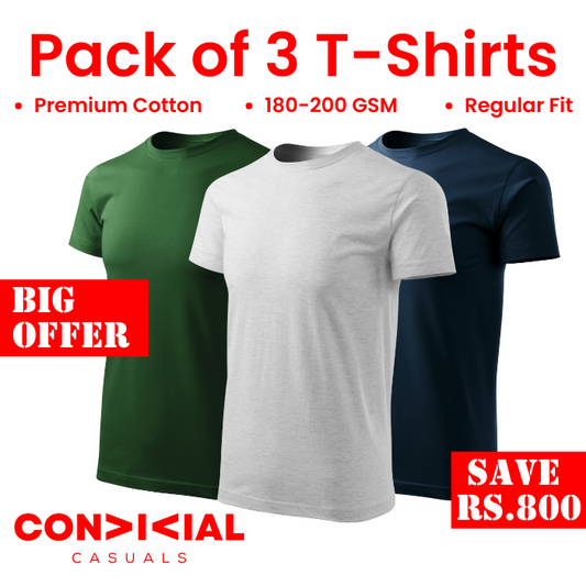 3 T-Shirts Bundle Bottle Gree-White-Navy Blue