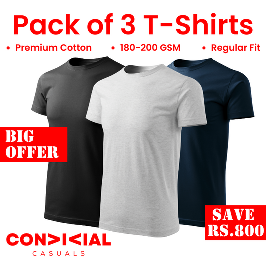 3 T-Shirts Bundle Black-White-Navy Blue