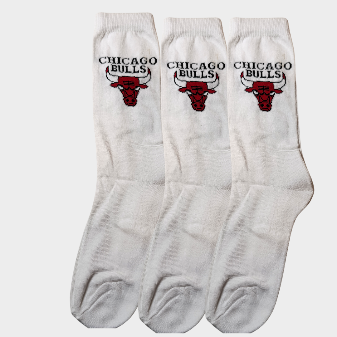 -C-H-I-C-A-G-O-B-U-L-L-S- White Premium Sports Crew Socks