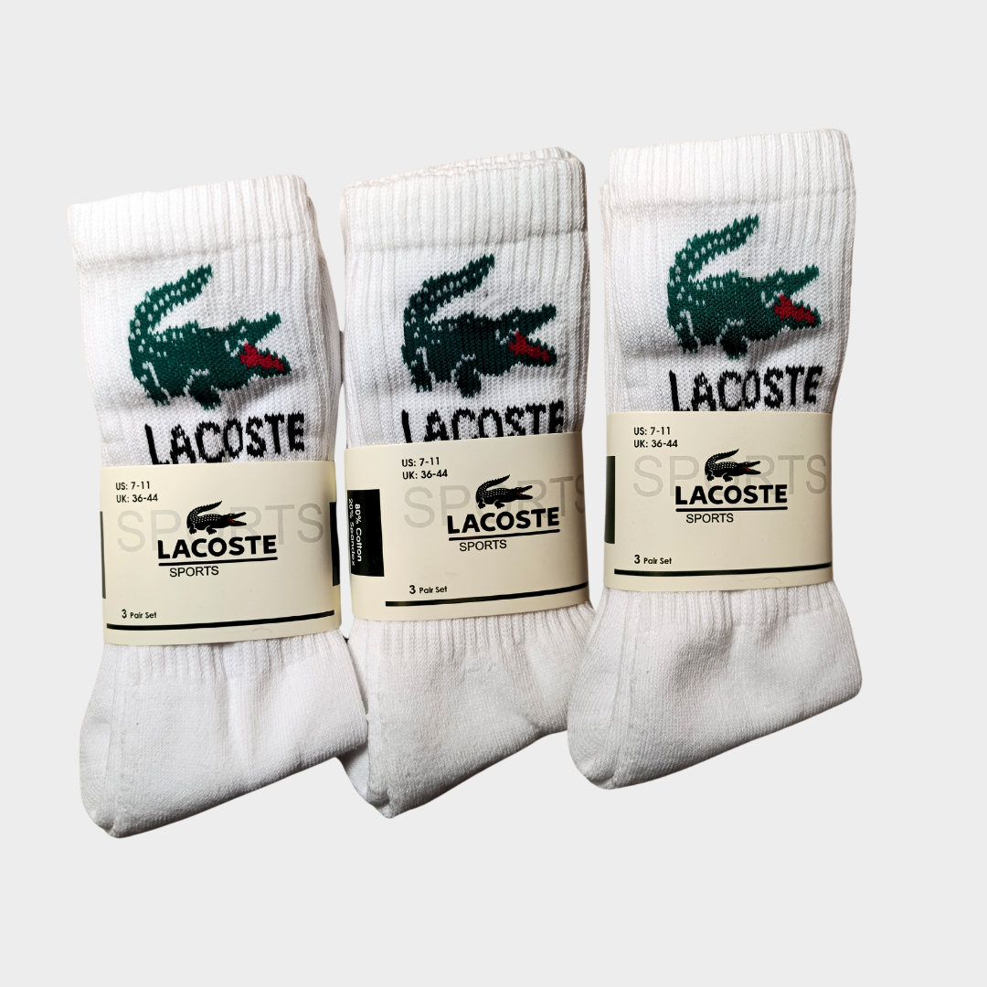 -L-A-C-O-S-T-E- White Premium Sports Crew Socks