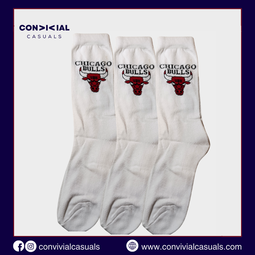 -C-H-I-C-A-G-O-B-U-L-L-S- White Premium Sports Crew Socks